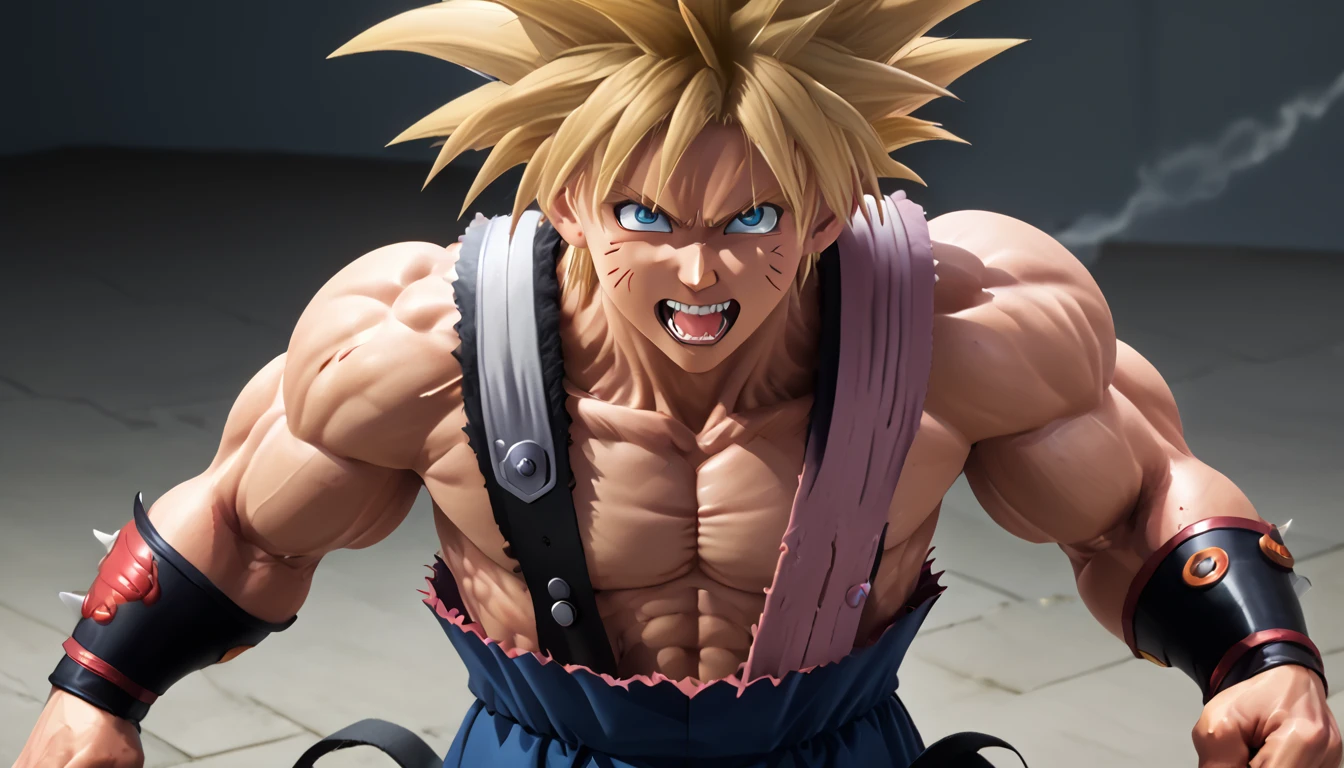 Full body image "(Highest quality, 8k, ultra-detailed, Realistic:1.2), Portraiture,, Muscular, Calm, Fearless smile, detailed, Blonde, strict, Intimidating, Powerful, Show off his strength", Brainwashed and possessed by Majin Buu,Controlled by an evil heart,Demon body and wings,(((Huge penis))),Very large muscles,Full body images,The lower half of the body is hairy like an animal.,nsfw,Drooling from a wide open mouth,sex,2boy～4boy,Blood vessels throughout the body,Cloud Strife and Son Goku two-shot,2 people