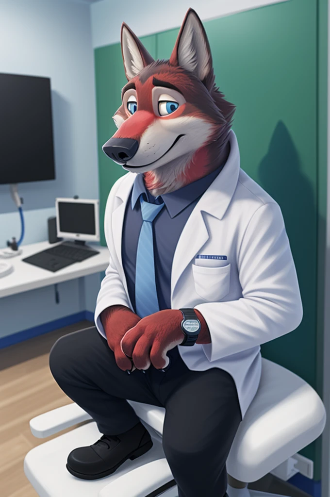 Joachim Wolfbach (Zootopia),tall handsome, wolf,young, 24 years, brown fur,(red body:1.3),Blue eyes, Moscow Dressed,in a white medical coat,black shirt pants,shoes,tie,black pants, stethoscope, pediatrician,canine, wolf, detailed fur, Male, antro, paw pads, finger claws,Prays, at viewer, 5 fingers, paws, 5 fingers, smile, happy, goes to patients,wrist watch,stethoscope,looks at the monitors, т nextel, sitting at home in the medical intensive care unit,by xenoforge, (difficult, high detail, digital, photo, soft focus, RAW, cardiologist by training,ulba,tender, very kind, sincere,patient, детский pediatrician,
photorealism, realistic, photorealistic, analog style, subsurface scattering,
masterpiece, Best quality, ultra realistic, 8 K)