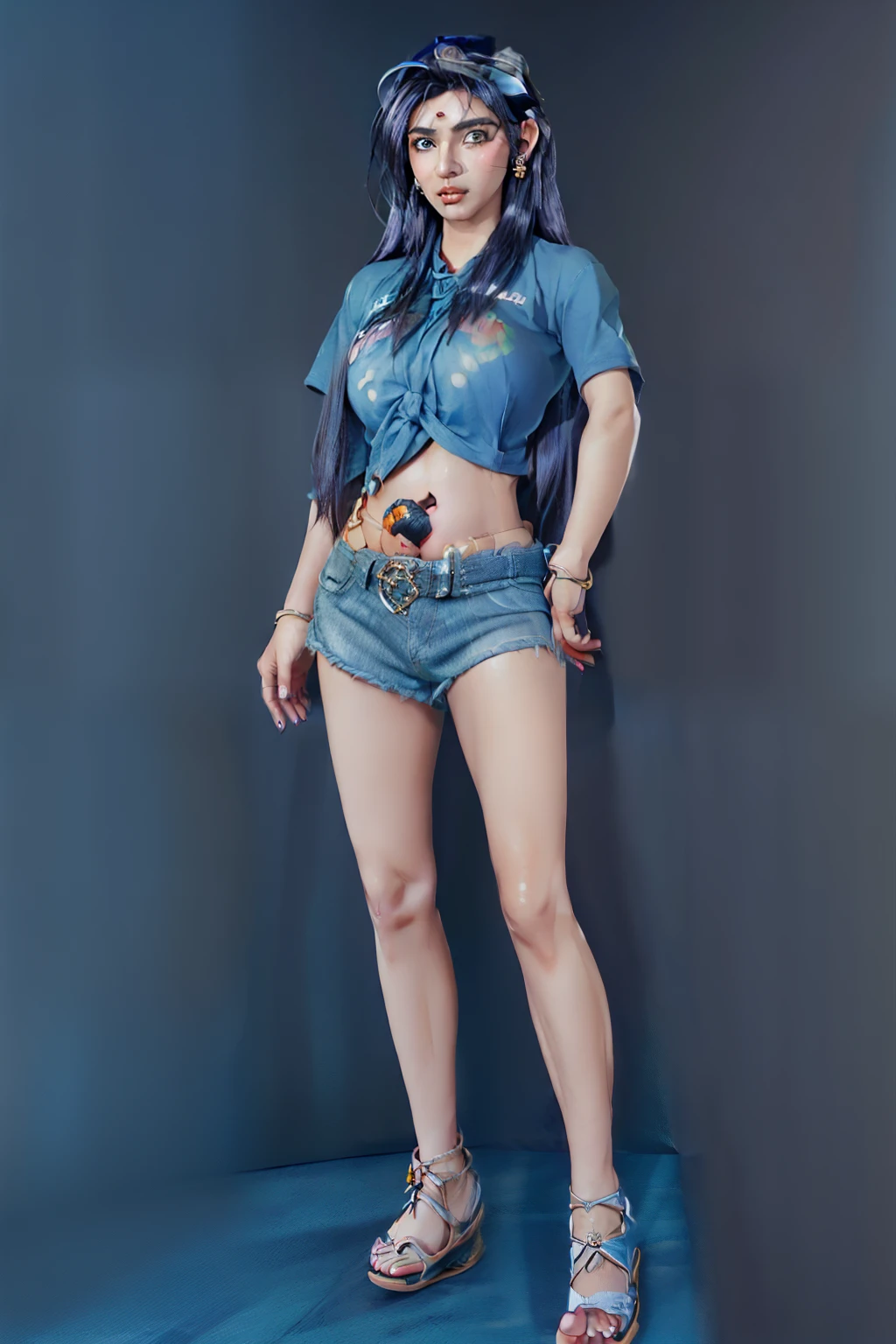 (tall:2),(photo realist: 1.2), (hiper realist: 1.2), (realistic: 1.2), (smoother lighting: 1.2), (Improve the quality of movie lighting: 1.2), (RAW photo:1.2), (better quality:1.2), (beauty:1.2), (masterpiece:1.2), (Physically based rendering:1.2), (ultra high resolution:1.2), (best quality:1.2),(standing:2),(full body shot:2),(fighting pose:2),(blue long hair:2),(beauty face:2),(earring:2),(ember eyes:2),(big breast:2),(tied shirt:2),(denim micro shirt:2),(belt:2),(beauty legs:2),(sandals:2),(simple background:2),(shiny skin:2),(navel:2)