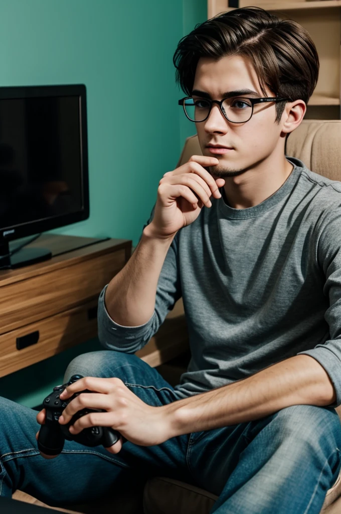 Make me a boy with glasses playing video games and abandoning friends 