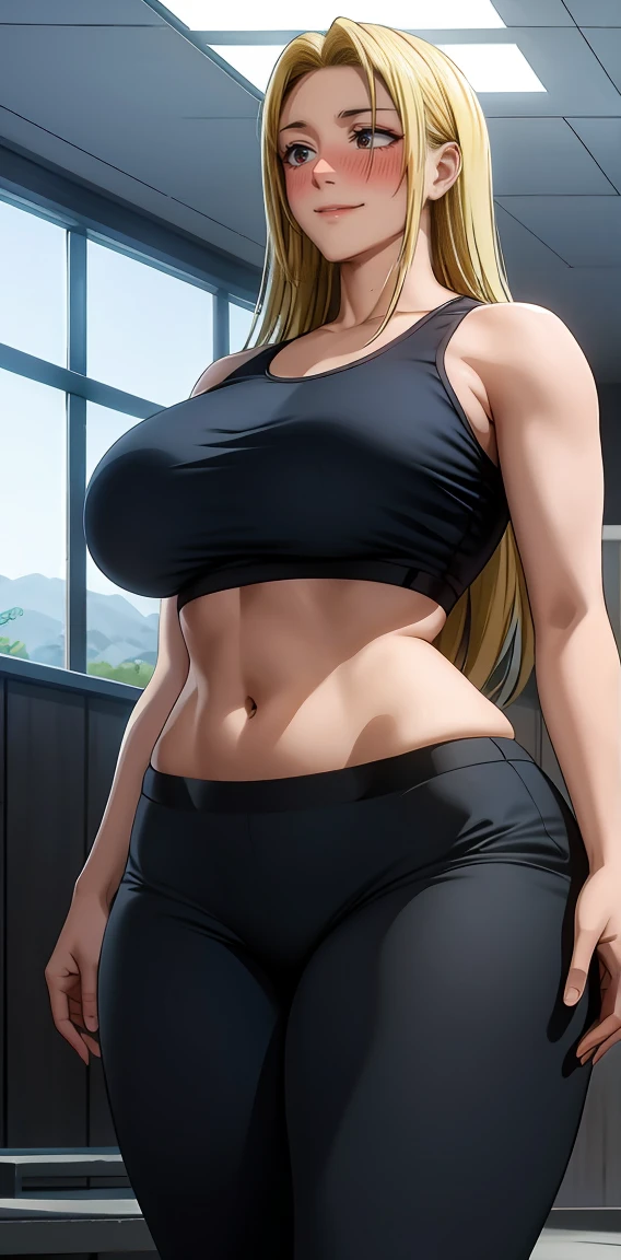 (masterpiece:1.3, highest quality, Ultra-high resolution, Ultra-detailed), (Realistic, photoRealistic:1.4), Beautiful illustrations, (Natural side lighting, Cinema lighting), Depth of written boundary,
Watching the audience, Yuki tsukumo from jujutsu kaisen, long hair, blonde hair, front view detailed body, long belly, big , tight body , thicc medium breast , thicc thighs, standing , crop top, black tank top, navel, dolphin shorts, pantyhose, standing, gym, indoors, abs, plated pants