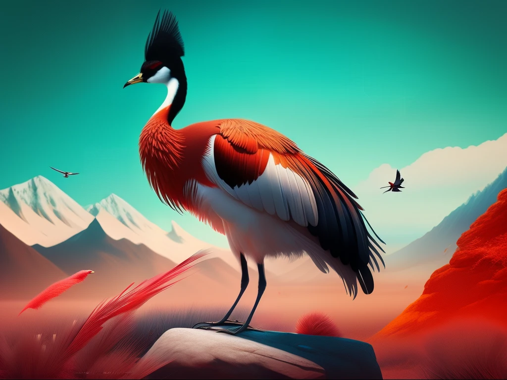 There is a one-legged red-crowned crane standing on a rock in the grass, a digital painting inspired by Mike Winkelmann, cgsociety contest winner, Fantasy art, fiery bird, birds f cgsociety, Beautiful digital artwork, surrealistic bird, Fantasy art Behance, stunning digital illustration, artwork of a phoenix, surrealistic bird, trend on behance 3d art