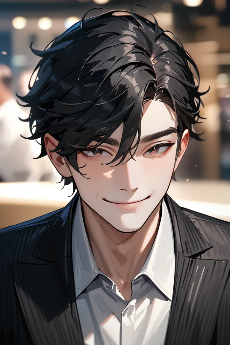 modern, Verism, masterpiece, textured skin, super detail, best quality, 4K , A handsome man, black hair, short hair, light smile, happy