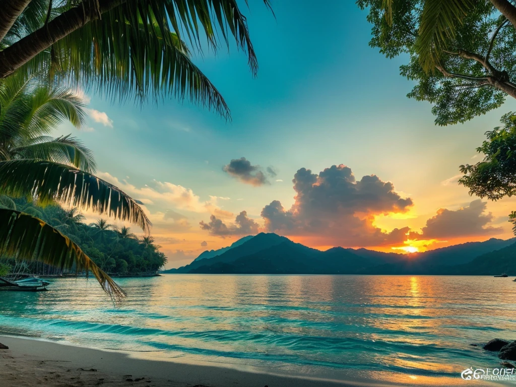 a tropical beach on Koh Chang island, crystal clear turquoise waters, swaying palm trees, lush green jungle, dramatic rocky cliffs, stunning sunset, beautiful island paradise, idyllic vacation destination, serene and tranquil atmosphere, (best quality,4k,8k,highres,masterpiece:1.2),ultra-detailed,(realistic,photorealistic,photo-realistic:1.37),dramatic lighting,vivid colors,cinematic composition