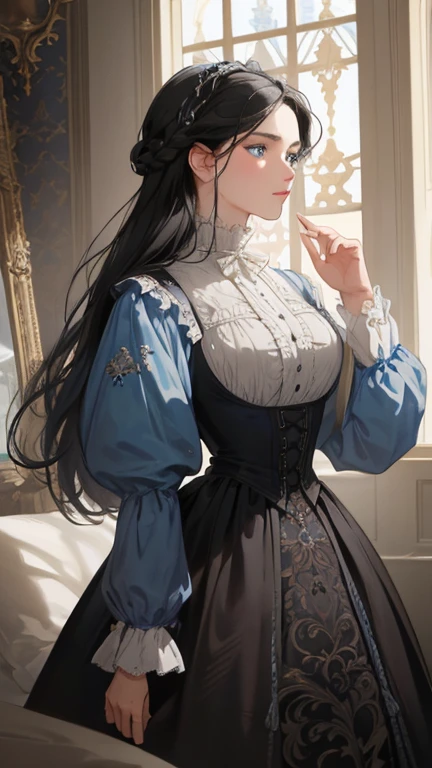 masterpiece, best quality, Practical, (absurd, High resolution, Super detailed), victorian era, Europe in the 18th century,noble,gray black hair color,blue eyes, braid, Delicate and meticulous, 8K, Reality, Dramatic Lighting, high quality, Complex design, classical portrait, enlarged texture, Exquisite details