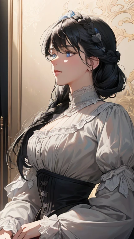 masterpiece, best quality, Practical, (absurd, High resolution, Super detailed), victorian era, Europe in the 18th century,noble,gray black hair color,blue eyes, braid, Delicate and meticulous, 8K, Reality, Dramatic Lighting, high quality, Complex design, classical portrait, enlarged texture, Exquisite details