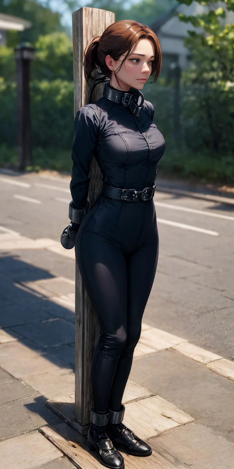 (Masterpiece, best quality, intricate details, 1sologirl) iron collar, arms behind back, iron cuffs, shackles, bound ((standing by wooden pole:1.2)) looking from above happy closed mouth