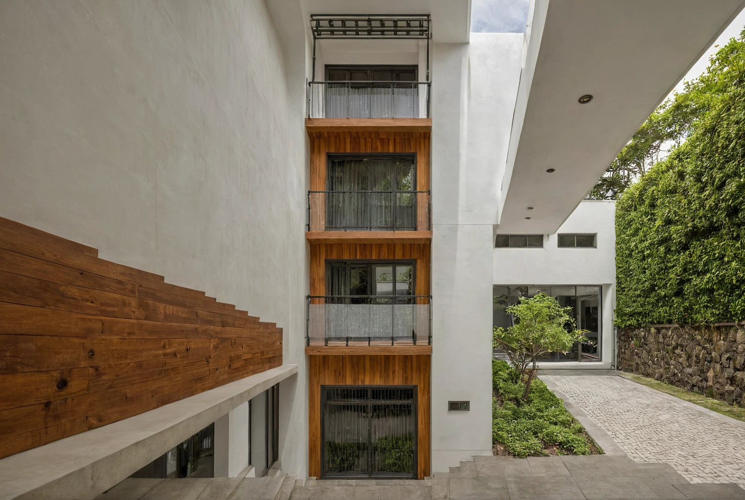 Raw photo, Masterpiece, high quality, best quality, authentic, super detail, architecture, house, outdoors,  style modern, minimalist line, wooden, white paint wall, japan style, wasabi style, Jen style, steel stair, glass railing, paint wall decor, tree, street