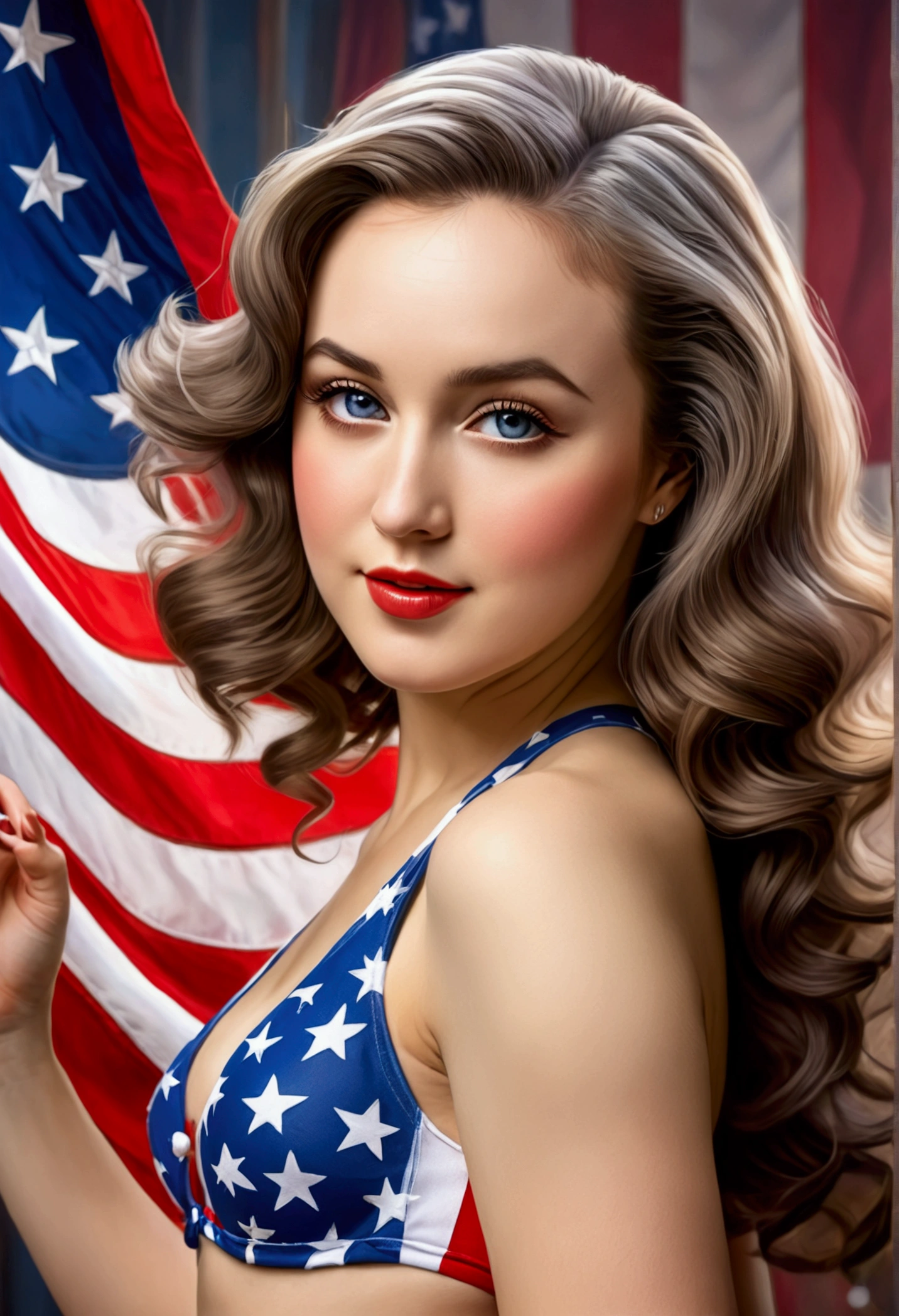 fay wray, age 25, bombshell swimsuit american flag pattern, waving an american flag, american flag background, flirty joyous poses, best quality, 4k, 8k, highres, masterpiece:1.2, ultra-detailed, realistic, photorealistic, photo-realistic:1.37, HDR, UHD, studio lighting, ultra-fine painting, sharp focus, physically-based rendering, extreme detail description, professional, vivid colors, bokeh, portraits