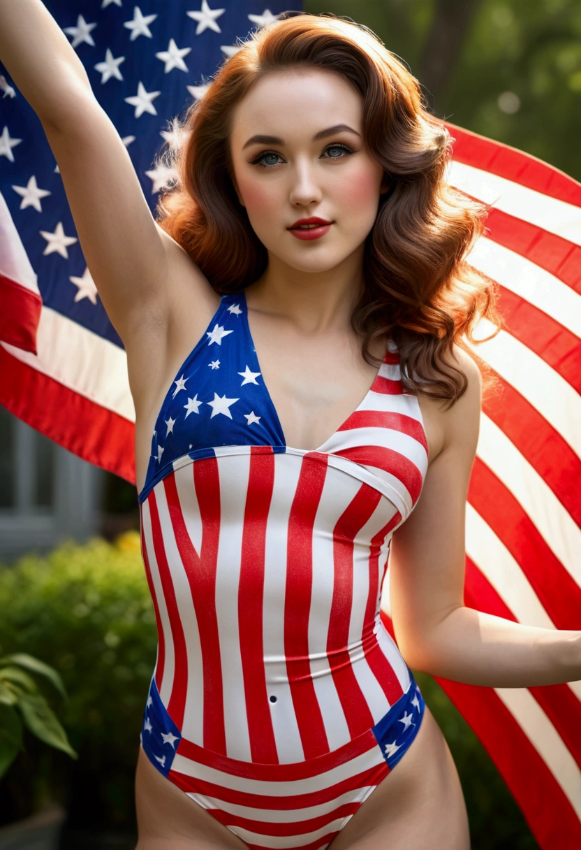 fay wray, age 25, bombshell swimsuit american flag pattern, waving an american flag, american flag background, flirty joyous poses, best quality, 4k, 8k, highres, masterpiece:1.2, ultra-detailed, realistic, photorealistic, photo-realistic:1.37, HDR, UHD, studio lighting, ultra-fine painting, sharp focus, physically-based rendering, extreme detail description, professional, vivid colors, bokeh, portraits