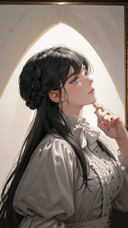 masterpiece, best quality, Practical, (absurd, High resolution, Super detailed), victorian era, Europe in the 18th century,noble,gray black hair color,blue eyes, braid, Delicate and meticulous, 8K, Reality, Dramatic Lighting, high quality, Complex design, classical portrait, enlarged texture, Exquisite details