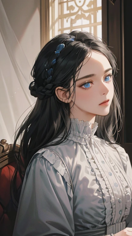 masterpiece, best quality, Practical, (absurd, High resolution, Super detailed), victorian era, Europe in the 18th century,noble,gray black hair color,blue eyes, braid, Delicate and meticulous, 8K, Reality, Dramatic Lighting, high quality, Complex design, classical portrait, enlarged texture, Exquisite details