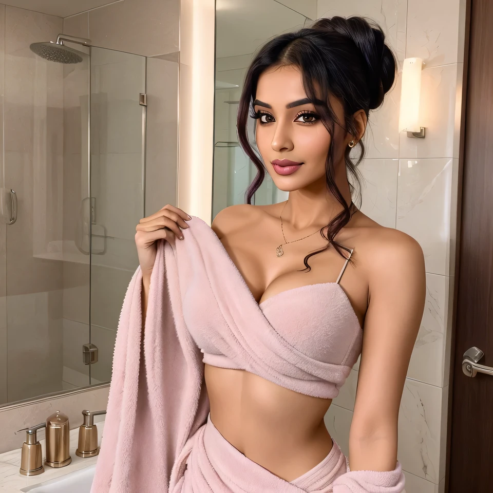 Create an ultra-realistic image of a modern, attractive female influencer of Indian descent, aged between 27 to 30. She should have a warm and inviting smile, expressive almond-shaped eyes with a slight shimmer, and clear, glowing skin with a medium brown complexion. Her features should be well-defined, with high cheekbones and a sharp jawline. Her hair should be long, thick, and styled in an intricate updo with curls and volume, showcasing a deep, reddish-purple hue that’s bold yet sophisticated. She should have a slender yet athletic build with a medium bust size (40-42 inches), reflecting a healthy and active lifestyle.
She is wearing a soft, pastel-colored towel wrapped around her torso, with another towel casually draped over her shoulders. Her overall appearance should exude confidence, approachability, and sophistication.
The background should be a modern bathroom with a large mirror, marble countertops, and a sleek shower area, capturing the essence of a morning beauty routine.
Her overall appearance should capture the essence of a contemporary Indian fashion influencer, blending elegance with everyday life.