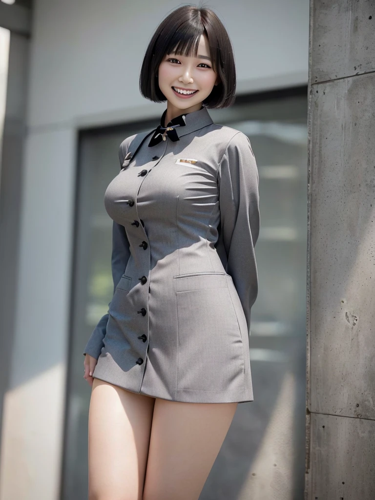 Highest quality、masterpiece、8k、Very detailed、Realistic、(One girl)、(Looking at me with a smile:1.5)、whole body、(Black Hair)、Short Hair、Small face、(Slender:1.2)、(Big Breasts:1.2)、(White business shirt with buttons and a collar:1.2)、(short tight skirt in gray,:1.2)、(Grey business jacket:1.2)