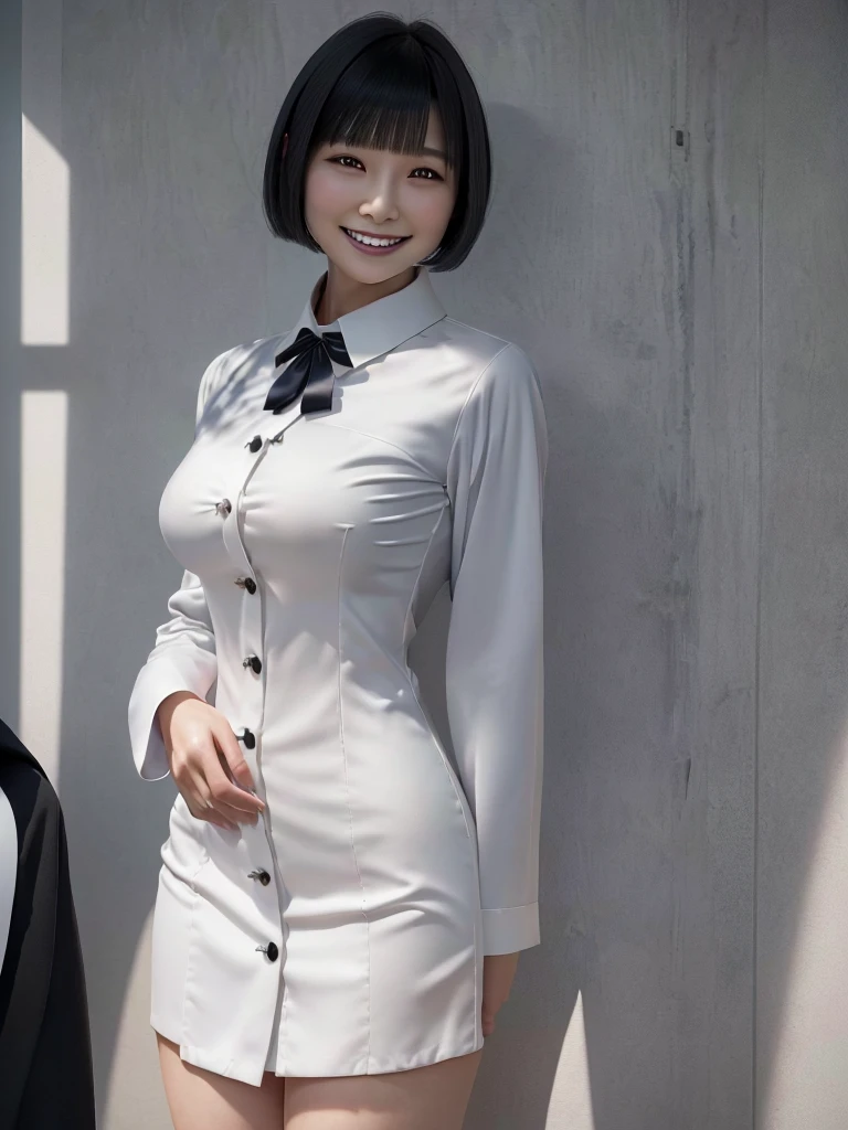 Highest quality、masterpiece、8k、Very detailed、Realistic、(One girl)、(Looking at me with a smile:1.5)、whole body、(Black Hair)、Short Hair、Small face、(Slender:1.2)、(Big Breasts:1.2)、(White business shirt with buttons and a collar:1.2)、(short tight skirt in gray,:1.2)、(Grey business jacket:1.2)