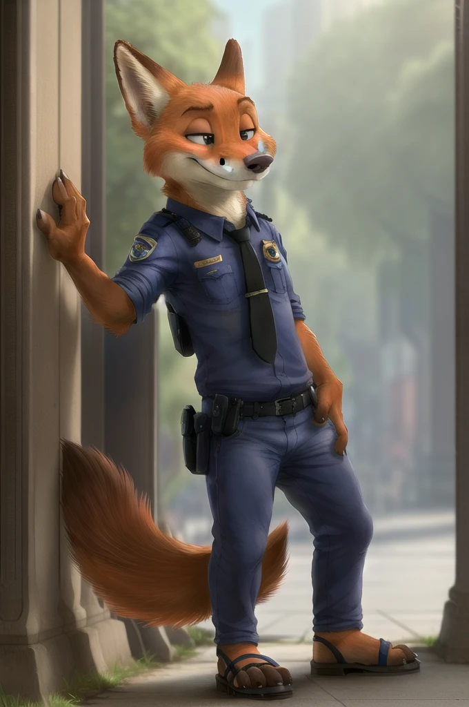 (energetic, by honovy, от zenthetiger, from Sausch), Nick Wilde, female fox, One, tie, safe, dressed, blue, eyes, police uniform,green heeled sandals, standing, city, street, Moscow