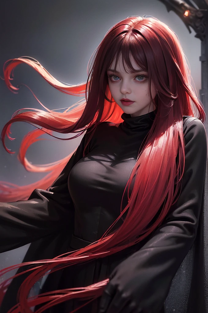 (skindentation:1.5), Realistic, Photorealistic, (masterpiece:1.5), concept art, intricate details, highly detailed, photorealistic, octane render, 8k, unreal engine, dynamic pose, best quality, highres, (realistic face:1.1), (hyperrealistic:1.1), (((full_body))), perfect eyes,(shiny skin:1.2), (((hairstyle))), (((perfect handtremely detailed background), ((dynamic background)), ((1girl)), (((wearing black jumpsuit, dark red long wizard cape))), ((detailed eyes, high quality eyes, high quality face)), (extremely intricate cape), red long hair, dramatic, depth of field, bokeh, 4k, (((underworld))), ((floating in the air)), (((black magic witch))), (((fierce eyes)))
