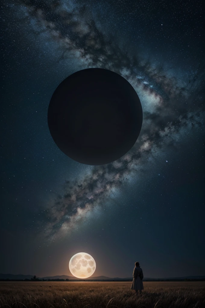 Give me a scene of a field with a night sky with two moons and next to them a star and a black hole