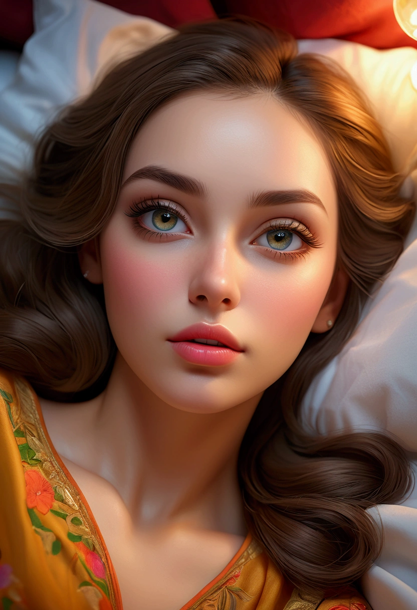a captivating female laying in bed, beautiful detailed eyes, beautiful detailed lips, extremely detailed eyes and face, long eyelashes, graceful pose, soft bedsheets, warm lighting, dreaming, fantasy, surreal, (best quality, 4k, 8k, highres, masterpiece:1.2), ultra-detailed, (realistic, photorealistic, photo-realistic:1.37), HDR, UHD, studio lighting, ultra-fine painting, sharp focus, physically-based rendering, extreme detail description, professional, vivid colors, bokeh, portrait