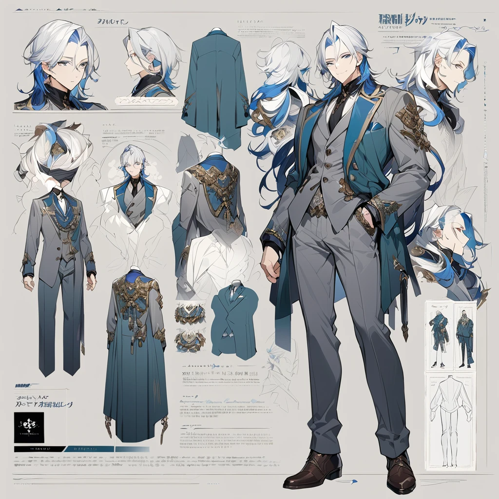 Grey suit、Blue Hair、((masterpiece, Highest quality)), male, maleの子, Detailed face, Character design sheet， Full Body, Full of details, Front view, Back view, Very detailed, depth, Many parts, maleの子 with white hair，Handsome, Scholar&#39;s outfit, 背の高いmale性、