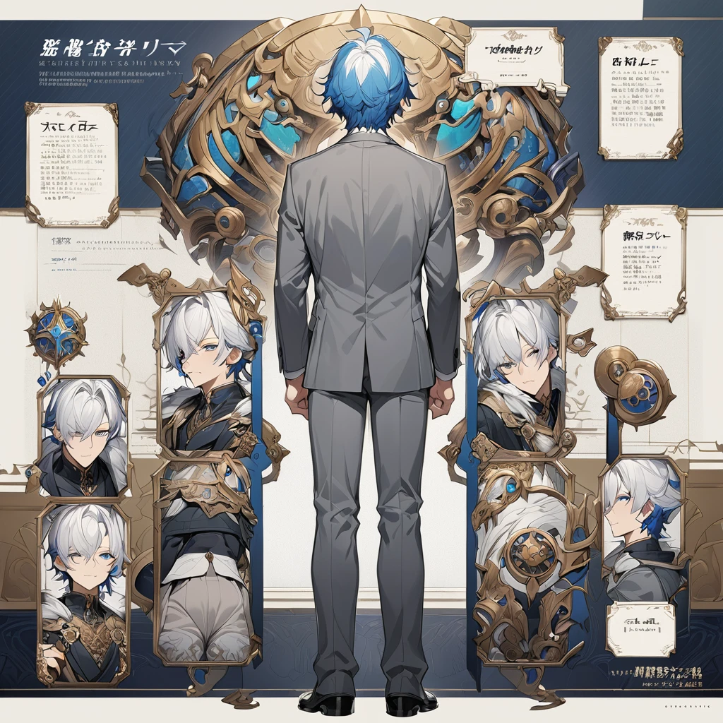 Grey suit、Blue Hair、((masterpiece, Highest quality)), male, maleの子, Detailed face, Character design sheet， Full Body, Full of details, Front view, Back view, Very detailed, depth, Many parts, maleの子 with white hair，Handsome, Scholar&#39;s outfit, 背の高いmale性、