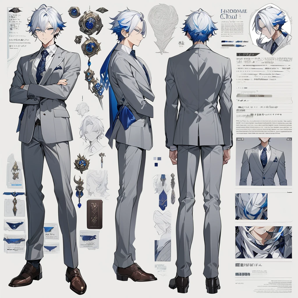 Grey suit、Blue Hair、((masterpiece, Highest quality)), male, maleの子, Detailed face, Character design sheet, Full Body, Full of details, Front view, Back view, Very detailed, depth, Many parts, maleの子 with white hair,Handsome, Scholar's outfit, 背の高いmale性、