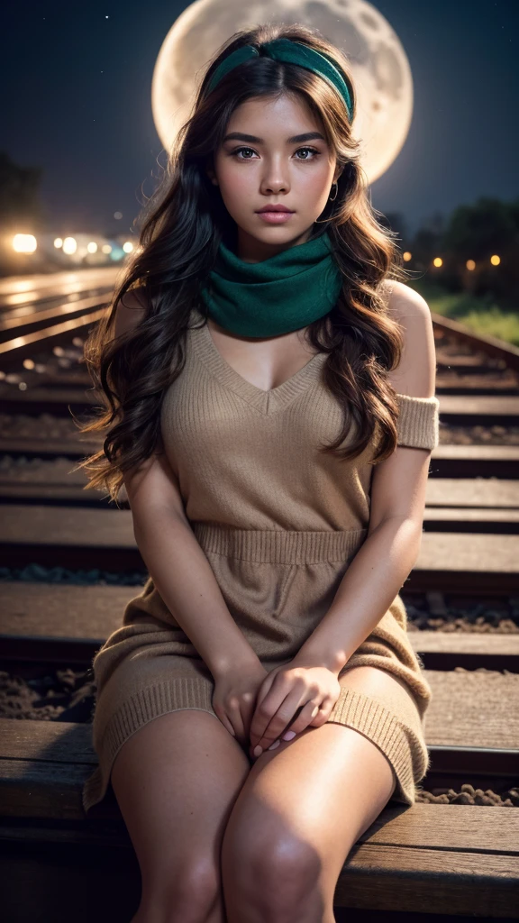 Masterpiece, 20 year old woman, full body, he highest quality, big pink eyes,proportionate lips, Colorful cinematic lighting, brown Cashmere Dress bare shoulders, with overflow [green|rose] long wavy hair, ponytail, (wearing a headband and scarf), (Perfect face:1.1), mist,sitting Train tracks, at night, moon, moonlight, romantic, HDR, Very detailed, 8k, Hyper realistic, shot at eye level, Cinestill 800