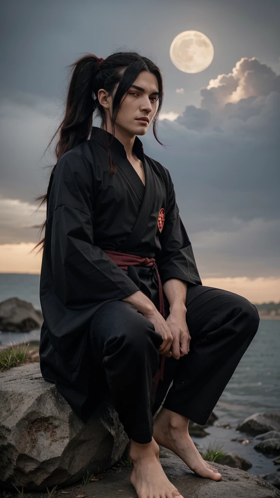 The image is of Madara Uchiha, a character from the anime series Naruto. He is depicted as a tall, pale man with long, black hair and red eyes. He is wearing a black kimono with a high collar, and his hair is tied in a ponytail. He is also wearing a pair of black gloves, and his feet are bare. He is sitting on a rock, with his legs crossed, and he is holding a scythe in his right hand. The background is a dark red color, and there are several black crows flying around. There is a large moon in the background, and it is also red in color. The image is very detailed, and the artist has done a great job of capturing Madara's character.