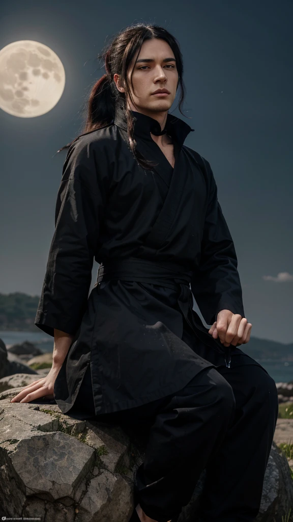  The image is of Madara Uchiha, a character from the anime series Naruto. He is depicted as a tall, pale man with long, black hair and red eyes. He is wearing a black kimono with a high collar, and his hair is tied in a ponytail. He is also wearing a pair of black gloves, and his feet are bare. He is sitting on a rock, with his legs crossed, and he is holding a scythe in his right hand. The background is a dark red color, and there are several black crows flying around. There is a large moon in the background, and it is also red in color. The image is very detailed, and the artist has done a great job of capturing Madara's character.