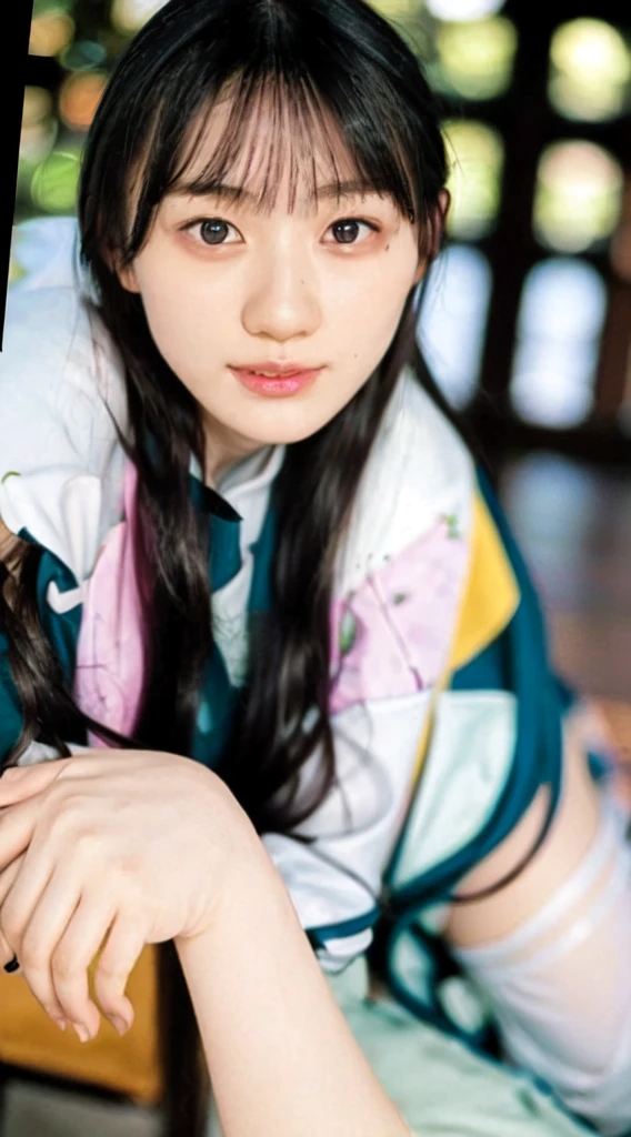 ((((masterpiece, best quality, high resolution)))), Extremely detailed 8K, Beautiful girl with voluptuous body, (ultra HD, Ultra-detailed, Highly detailed, Highly realistic, ultra-realistic, photograph realistic), (1girl:1.5), (Realistic white hair), short wavy black hair, bob cut, (dynamic poses), facing at camera, light smile, purple eyes, average breasts, (beautiful detailed face, beautiful detailed eyes), (white tank top, thin material), cleavage, dark jean shorts, glow, sweat, (sunbeam, sunlight)、A kind smile

