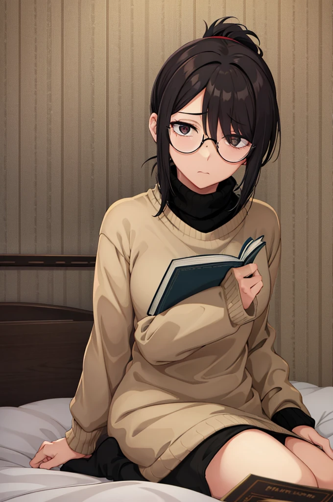 mature woman, hair over one eye, golden eyes, Tomboy, sitting on the ground, black turtleneck sweater, looking at viewer, bed, black short hair with a ponytail, books lying around, bedroom background, round glasses, bags under eyes, tired, reading a book, shy, solo