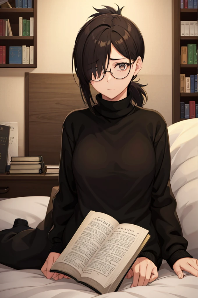 mature woman, hair over one eye, golden eyes, Tomboy, sitting on the ground, black turtleneck sweater, looking at viewer, bed, black short hair with a ponytail, books lying around, bedroom background, round glasses, bags under eyes, tired, reading a book, shy, solo