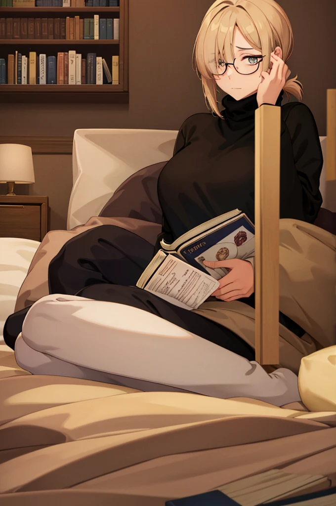 mature woman, hair over one eye, golden eyes, Tomboy, sitting on the ground, black turtleneck sweater, looking at viewer, bed, black short hair with a ponytail, books lying around, bedroom background, round glasses, bags under eyes, tired, reading a book, shy, solo