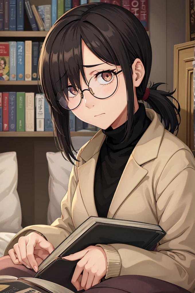 mature woman, hair over one eye, golden eyes, Tomboy, sitting on the ground, black turtleneck sweater, looking at viewer, bed, black short hair with a ponytail, books lying around, bedroom background, round glasses, bags under eyes, tired, reading a book, shy, solo