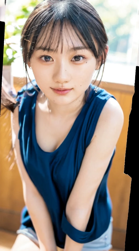 ((((masterpiece, best quality, high resolution)))), Extremely detailed 8K, Beautiful girl with voluptuous body, (ultra HD, Ultra-detailed, Highly detailed, Highly realistic, ultra-realistic, photograph realistic), (1girl:1.5), (Realistic white hair), short wavy black hair, bob cut, (dynamic poses), facing at camera, light smile, purple eyes, average breasts, (beautiful detailed face, beautiful detailed eyes), (white tank top, thin material), cleavage, dark jean shorts, glow, sweat, (sunbeam, sunlight)、A kind smile