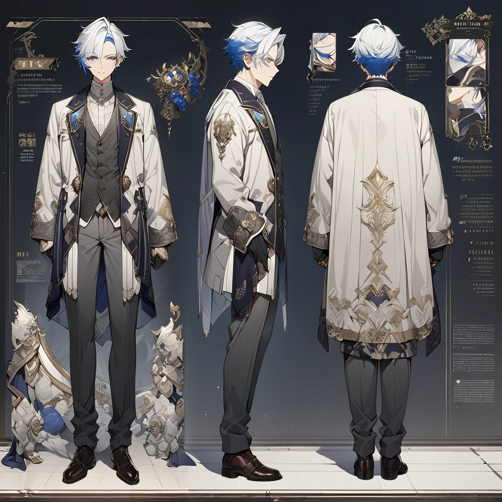 Grey suit、Blue Hair、((masterpiece, Highest quality)), male, maleの子, Detailed face, Character design sheet, Full Body, Full of details, Front view, Back view, Very detailed, depth, Many parts, maleの子 with white hair,Handsome, Scholar's outfit, 背の高いmale性、