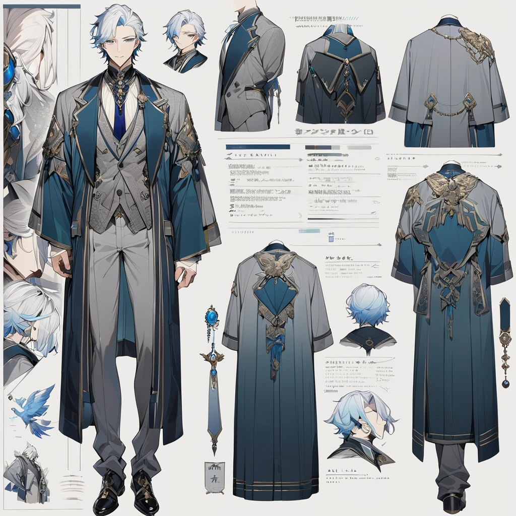 Grey suit、Blue Hair、((masterpiece, Highest quality)), male, maleの子, Detailed face, Character design sheet, Full Body, Full of details, Front view, Back view, Very detailed, depth, Many parts, maleの子 with white hair,Handsome, Scholar's outfit, 背の高いmale性、
