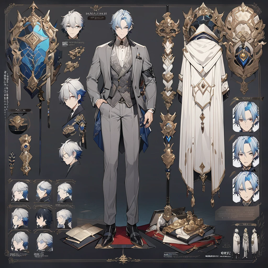 Grey suit、Blue Hair、((masterpiece, Highest quality)), male, maleの子, Detailed face, Character design sheet， Full Body, Full of details, Front view, Back view, Very detailed, depth, Many parts, maleの子 with white hair，Handsome, Scholar&#39;s outfit, 背の高いmale性、