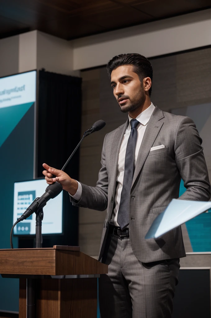 A young north African man, Caucasian, between 30 and 40 years old is standing confidently at a podium, charismatic, Fade Haircut, shaved face, giving a conference. He is wearing a well-fitted grey suit with a crisp white shirt and a matching tie. In his hand, he holds a microphone, speaking passionately to the audience. He has short, neatly styled dark hair, a light beard, and a sharp, focused expression on his face. The conference room is modern and professional, with rows of seated attendees paying close attention. The background features a large projector screen displaying clear, vibrant presentation slides. There are elegant decorations on the stage, such as a few potted plants and a sleek lectern. The lighting is bright, with spotlights highlighting the speaker, creating a dynamic and engaging atmosphere. The audience is diverse, dressed in business attire, reflecting the importance of the event. The overall ambiance is one of professionalism, engagement, and intellectual exchange