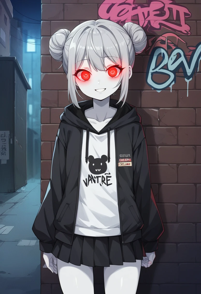 Detailed Background, masterpiece, Highest quality, Full Art,smile,One Girl , girl(Medium straight hair, Twisted corners, White skin,Gray Hair, twin bun,mini skirt, Red eyes, 不気味なsmile, hoodie),Character portrait, Neon street alley, graffiti, dark, night, Glowing Eyes, Black light