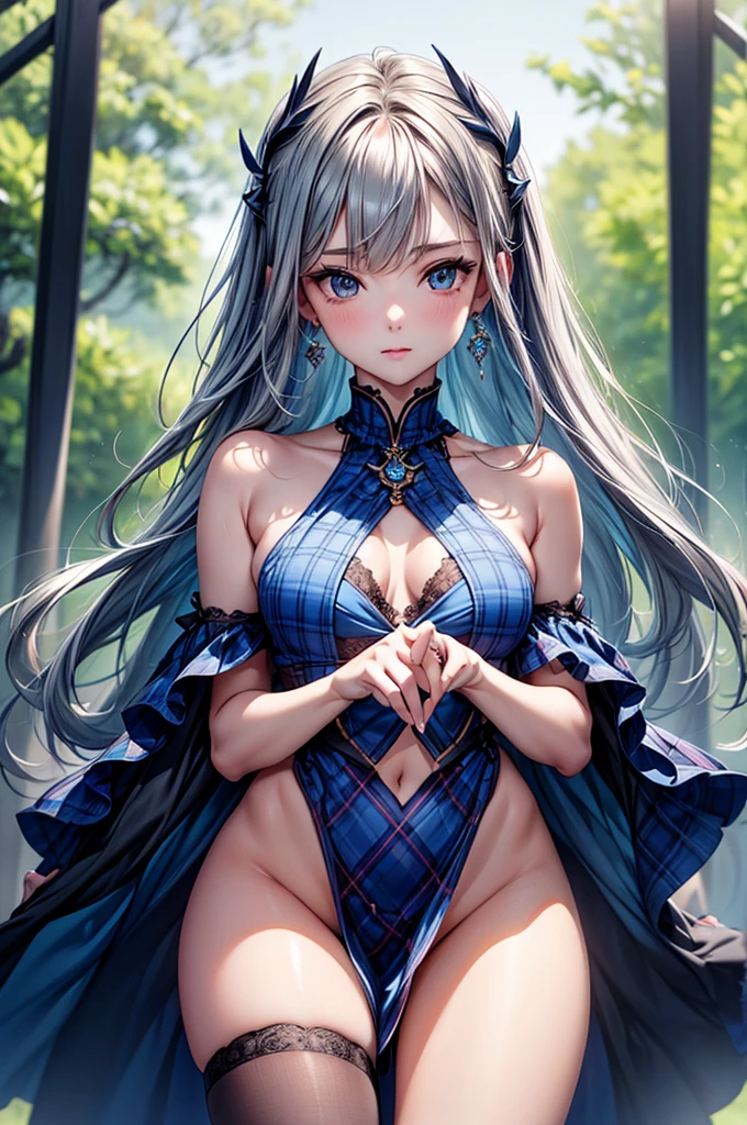 NSFW,(Natural finger shape:1.5),4K,masterpiece,((Focus on the face)),((Symmetrical facial features)),Eye for detailed depiction,Beautiful woman,Excellent style,Beautiful feet,(Small Ass,Thin thighs),(stockings,High heels),Detailed depiction of the face,Small earrings,Low angle photo,((Sleeveless,Blue plaid skirt)),Hide and seek in the park early in the morning,blue blonde,Close-up photo of the upper body,(Beautiful girl holding a mobile phone in her hand)