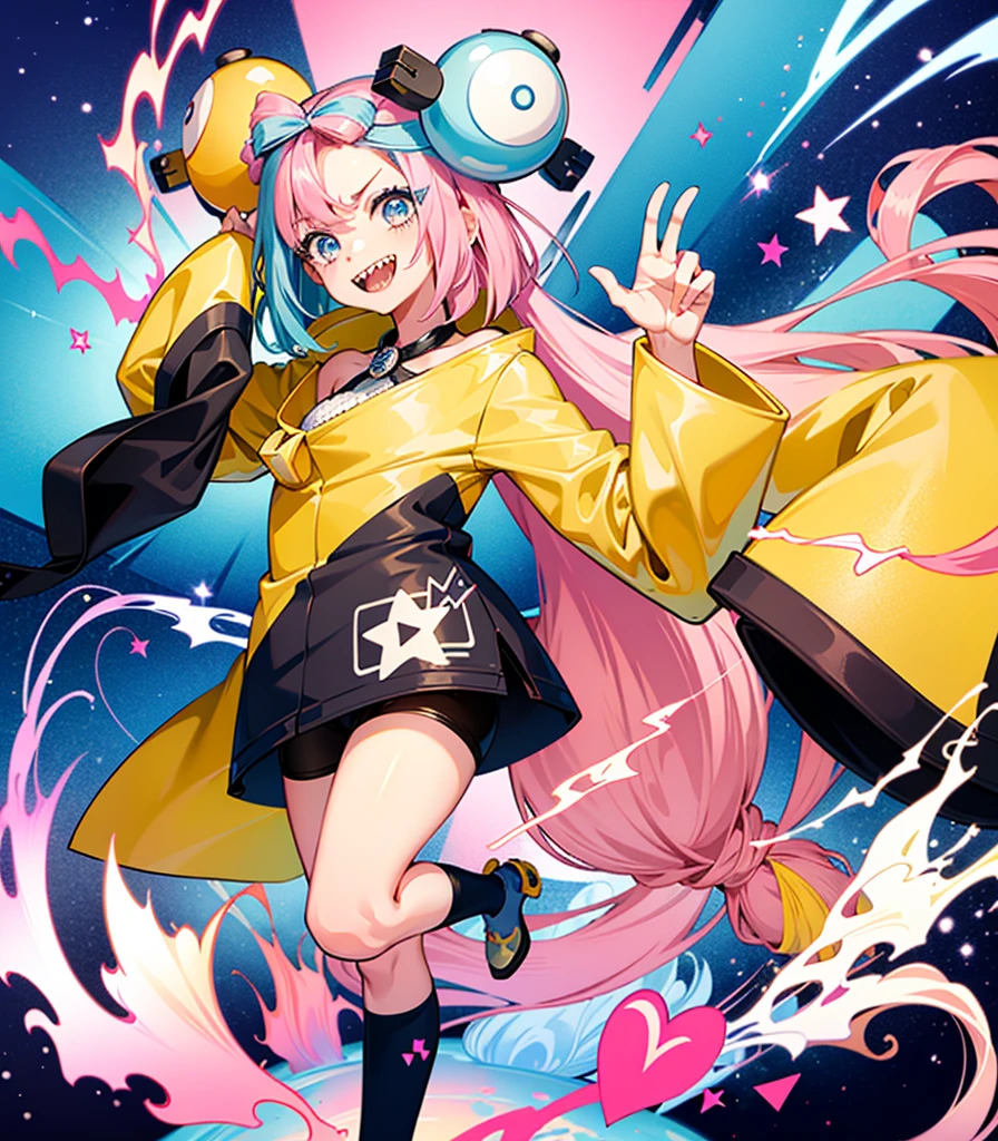 Highest quality、masterpiece、Anime Style、Pink hair and blue eyes、Yellow Jacket、Please raise your right hand、Lower your left hand、Stand only on your right foot、Raise your left leg。Sharp teeth、smile、White Background,Nanjamo