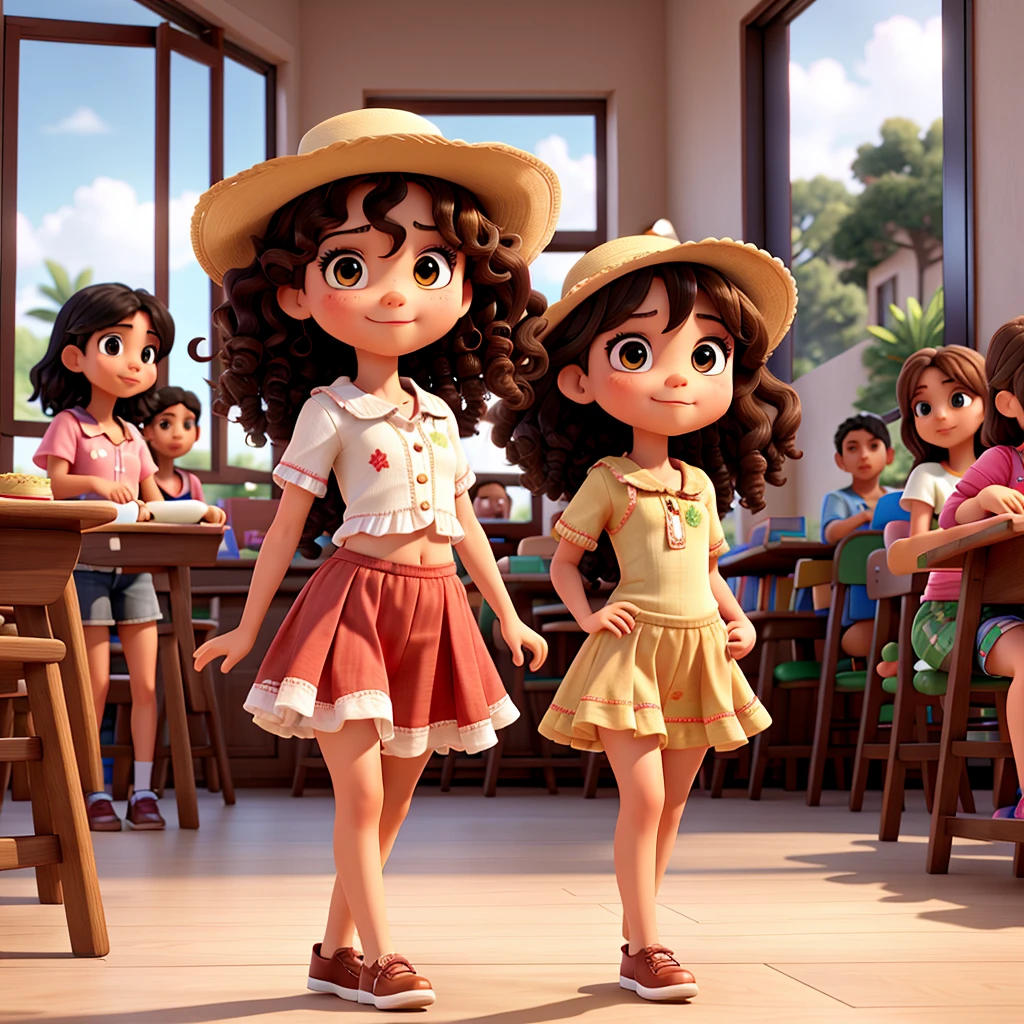 a Mexican girl of approximately 7 years old, curly hair and brown eyes, holding a sombrero hat and dancing together with her friends and approximately 7 years old friends in a classroom, 