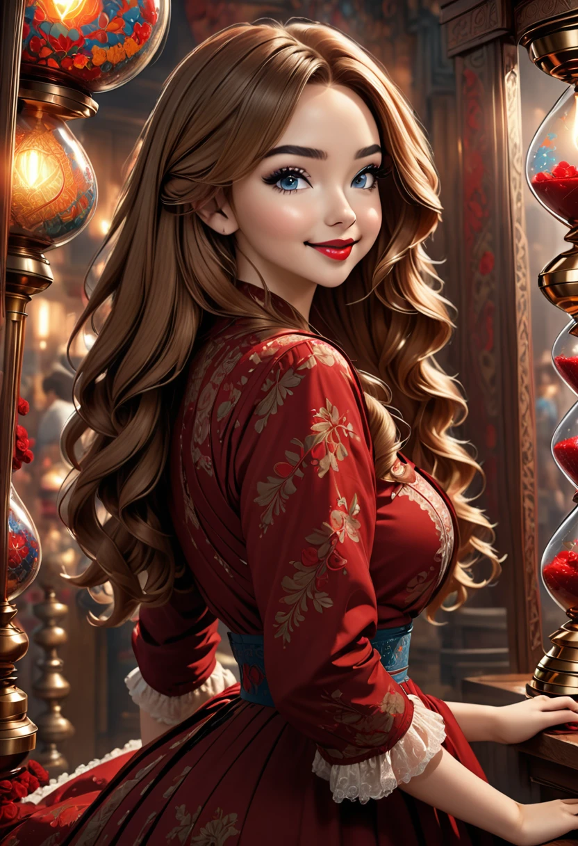 A Beautful Jewish Women With A Thick Bushy Unibrow And A Attractive Nose. Thick, Intense, Curly, Frizzy, Messy Long reddish-brown Hair. Boho Dress. Curvy Hourglass Figure. Ultra HD,, Epic Lighting, Striking Silhouette. Sabrina Carpenter. Attractive Pose. Aluring Smile. Red Lips. The Official Art – An Award-Winning Digital Masterpiece In 4K Ultra HD, Extreme Detail And Intricate Realism. This Concept Art Brought To Life By The Hands Of Artists Like Wlop & Artgerm In A Stunning 2D Vector Illustration.