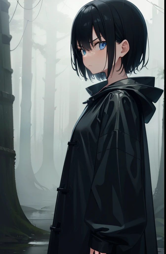 forest,rain,fog,cloudy,Girl 1,boyish,short hair,Black Hair,blue eyes,Long black raincoat,Put on the hood,Serious face,Wet,Are standing,Gloomy face,front,Cowboy Shot