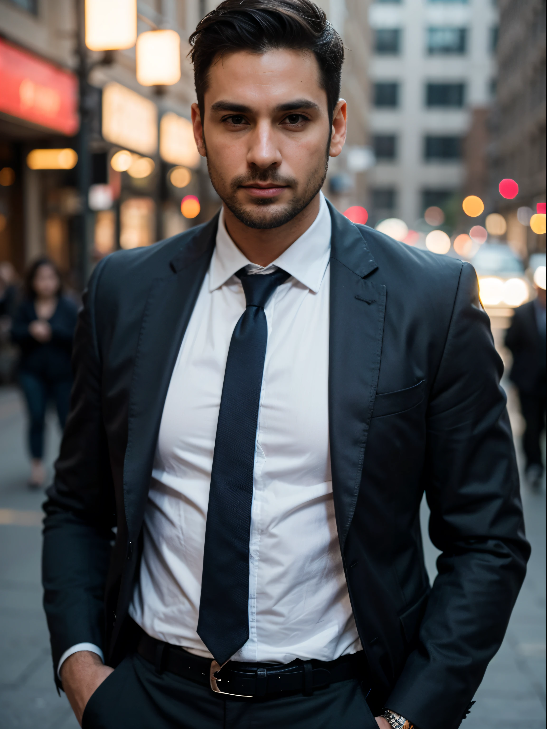 one men, 36 years old, in business suit, dark blue jacket, white shirt with unbuttoned collar, dark blue pants, brown leather belt, short black hair: :2, short business hairstyle: :2, eyes browns, thick black eyebrows, curved nose, wide cheekbones, long jaw, stark-willed chin, fleshy lips,: :2 Bokeh:: cinematic::2Filmic::2 Photo session::2 35mm:: Nikon D750::2F/22, quaver, colors complementary, Lumiere, low-contrast, two-dimensional, 2d::: 16K::2HDR, glad:::stark::2, best qualityer, high resolution, work of art:1. 2, super verbose
