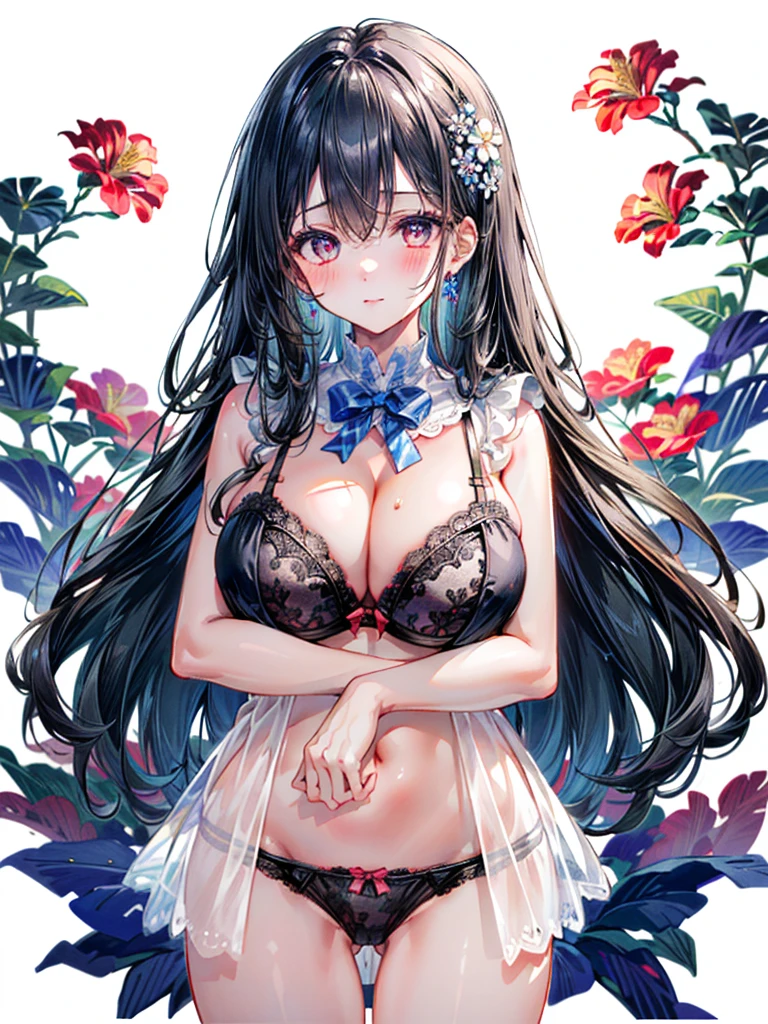 (Best quality, 8k, 32k, Masterpiece, UHD,:1.2),RAW, 1girl,ultra cute , natural lighting,transparent shining eyes, 20yo ,fair complexion, ((bra and panties, floral pattern)), Cowboy Shot, standing, shiny, large breast, bright, White Background, Hugging own breast, ((Closeup shot)), emphasizing the Cleavage