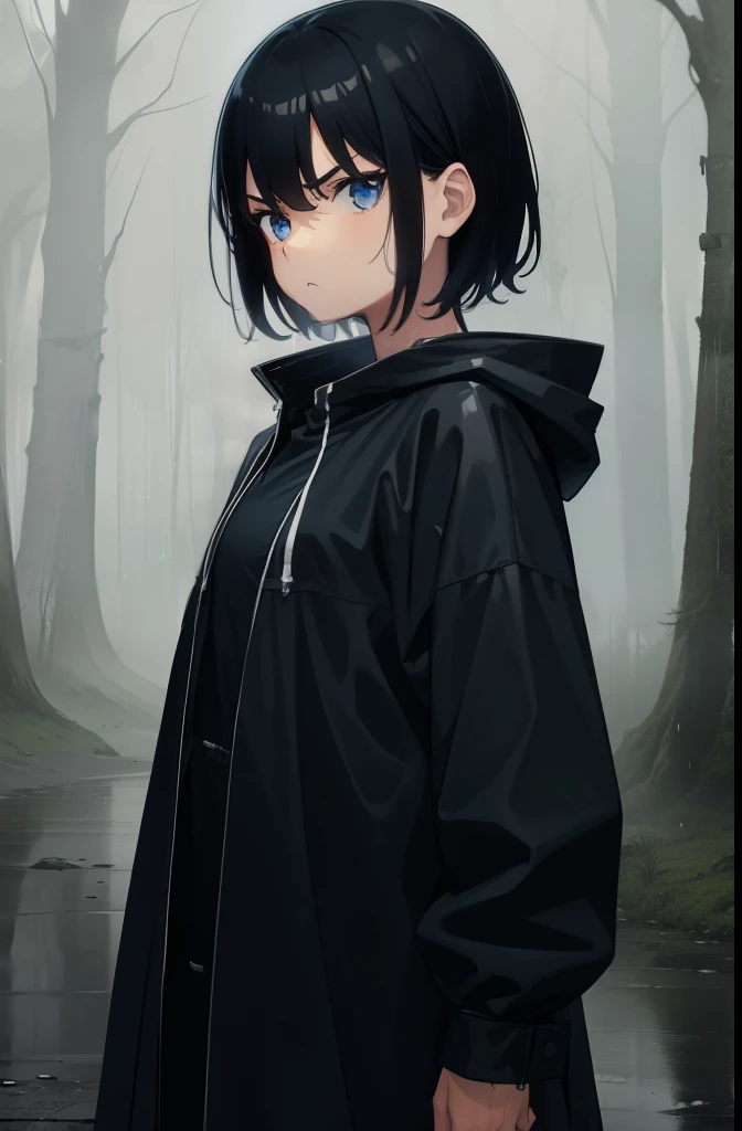 forest,rain,fog,cloudy,Girl 1,boyish,short hair,Black Hair,blue eyes,Long black raincoat,Put on the hood,Serious face,Wet,Are standing,Gloomy face,front,Cowboy Shot