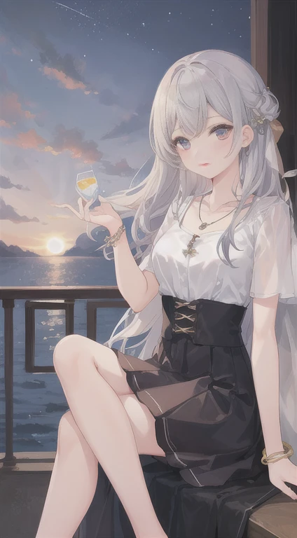 One girl,Lifeland,Sitting,Crossing your legs,Flared lace skirt with lots of embellishments、blouse、necklace、bracelet (masterpiece, Highest quality), (One girl18歳)