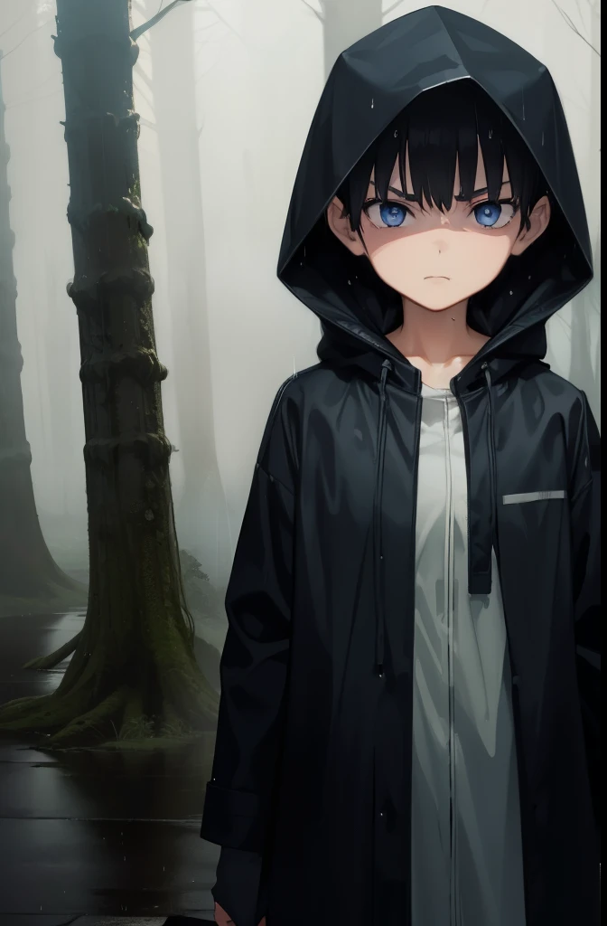 forest,rain,fog,cloudy,Girl 1,boyish,short hair,Black Hair,blue eyes,Long black raincoat,Put on the hood,Serious face,Wet,Are standing,Gloomy face,front,Cowboy Shot